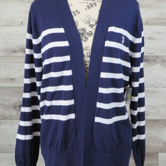 U.S. Polo‎ Assn.* Women's 2 Piece Set Cardigan Sweater Navy/White Blouse~ Medium - Picture 9 of 14
